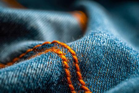 A detailed shot showing sturdy denim material, with vibrant orange stitches emphasizing intricate...