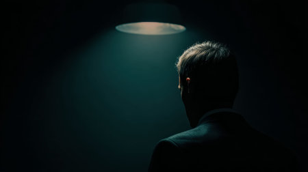 An enigmatic silhouette stands beneath a lone overhead glow, casting shadows in a shadowy chamber...