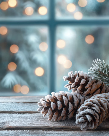 Close-up of frosty pinecones and a lush evergreen branch resting on rustic wood, with soft, blurred holiday string lights creating a cozy festive atmosphereの写真素材