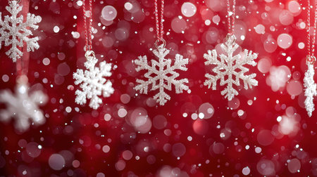Sparkling snowflake decorations sway against a vibrant red backdrop, illuminated by soft bokeh...