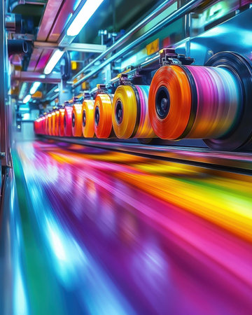 A vivid scene capturing ink rolls with lively hues as vibrant colors swirl through the printing...