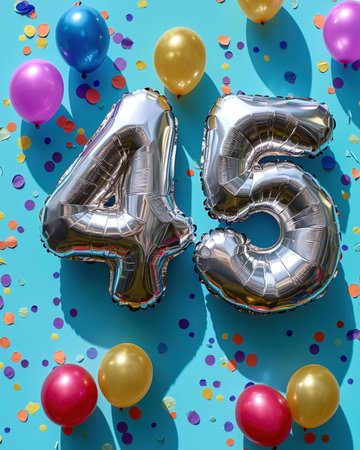 A festive scene features shimmering silver balloons forming the number 45 amid vibrant confetti, set...