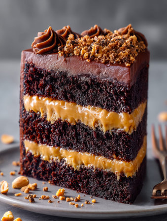 A sumptuous chocolate masterpiece adorned with glossy caramel drizzles and crisp toppings, enticing...