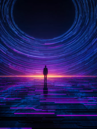 A lone individual amid swirling neon circles and glowing pastels, immersed in an otherworldly scene...