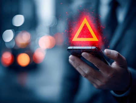 A hand gripping a smartphone displays a vivid red warning icon, set against a vibrant cityscape...