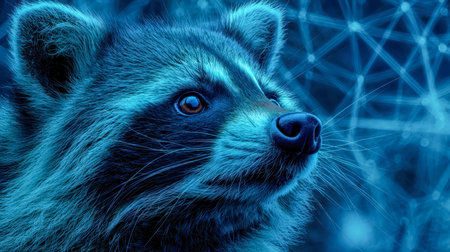 A captivating digital depiction of a raccoon's visage set against a complex glowing blue neural...