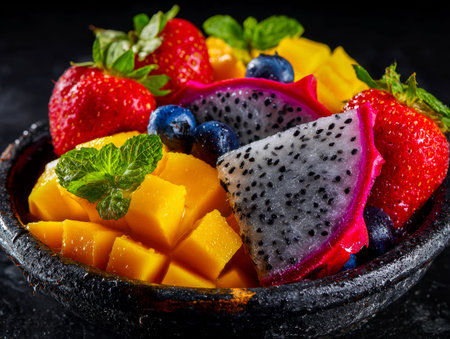 A vibrant medley of juicy berries, tropical mango, fragrant mint leaves, and eye-catching dragon...