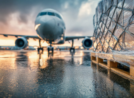 A sturdily loaded pallet awaits transfer on a damp runway, with a jetliner in the background under a...