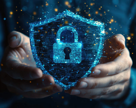 A sleek, modern shield symbol with a padlock at its center, evoking a sense of digital safeguarding...
