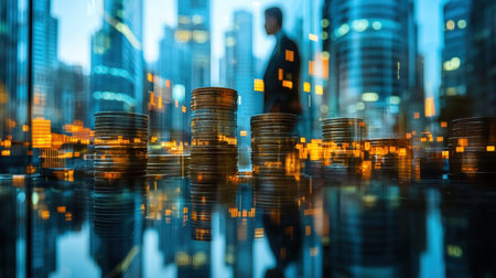 A confident businessman stands amid towering stacks of coins against a futuristic city skyline,...
