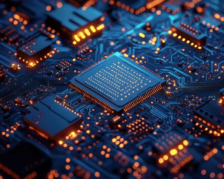An intricate microchip centers a web of glowing orange LEDs and detailed circuitry, evoking...