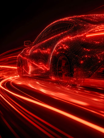 A sleek, cybernetic vehicle streaks through a neon-lit cyberspace, leaving vibrant crimson streaks...