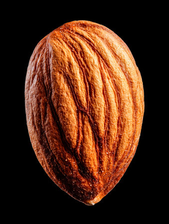 An intricate, rough surface detail of an almond seed's outer shell, set against a dark backdrop that...