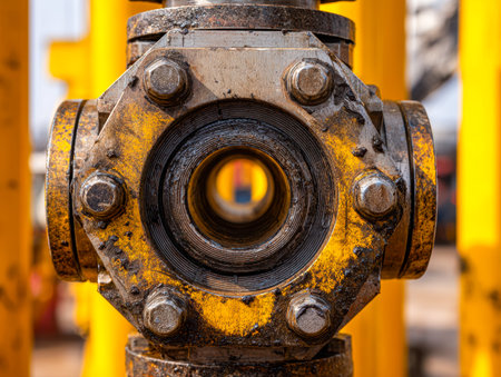 A detailed shot of weathered metal machinery featuring a corroded valve adorned with vibrant yellow...