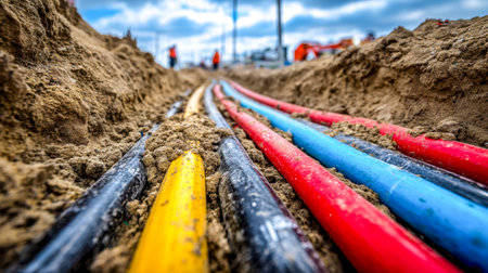 Workers arrange vibrant, color-differentiated cables beneath the surface, ensuring organized...