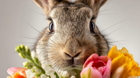 A gentle rabbit peeks through vibrant blossoms, its wide eyes full of wonder amidst a vivid tapestry...