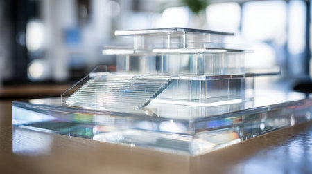 A clear, detailed miniature of a contemporary multi-story structure with elegant stairs and...