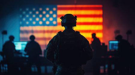 A soldier intently analyzes digital data on a glowing screen, with a vibrant American flag...
