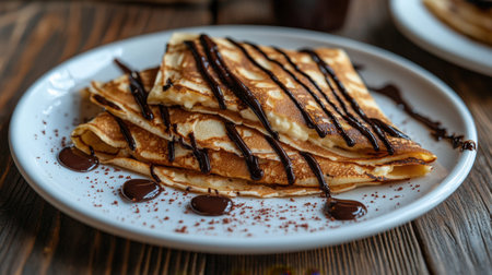 Thin layered pancakes are artistically stacked, topped with glossy chocolate streaks and a dusting...