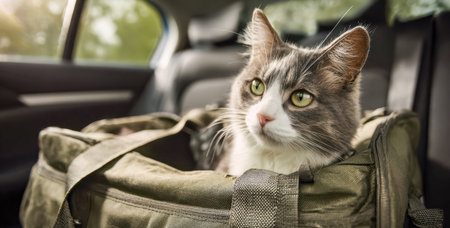 A content feline resides peacefully within a portable crate nestled on a car seat, capturing a...