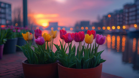 Vibrant tulips in ceramic pots glow under sunset light, reflected by a tranquil river with...