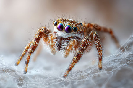 A vibrant arachnid with iridescent hues and striking eyes moments before anchoring itself to...
