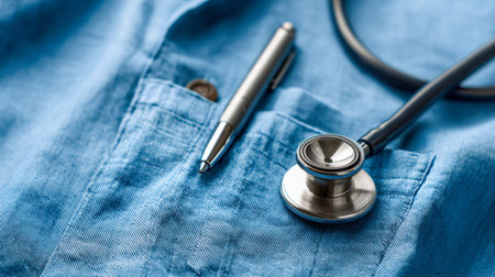 A close-up of a vibrant blue uniform pocket holding a sleek stethoscope and a polished silver pen,...