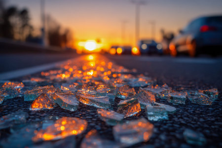 Fragments of glass catching the golden sunset, casting intricate reflections on the dark pavement, with motion-blurred vehicles fading into the evening haze.の写真素材