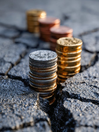 Gleaming coins arranged in ascending order on a weathered pavement symbolize progress, durability,...