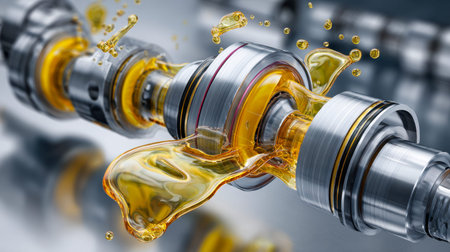 Intricate metal camshaft elements gleam as rich lubricant erupts, highlighting precision engineering and dynamic motion within an industrial machine.の写真素材