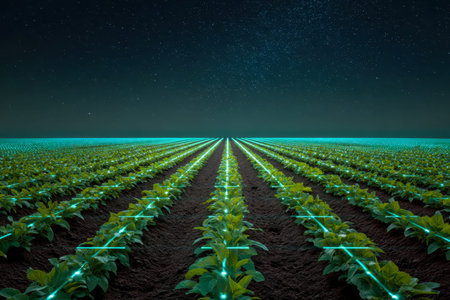 A high-tech landscape featuring glowing crops beneath a shimmering, star-filled sky, blending...