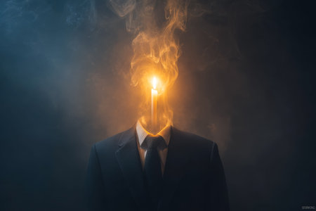 A confident professional with an intense, blazing aura illuminating a dynamic path of innovation and...