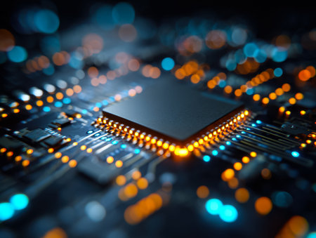 A detailed close-up reveals a luminous microcircuit embedded within a sleek, high-tech platform,...