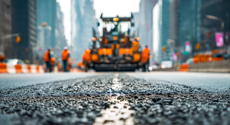 Workers in high-visibility vests and helmets operate heavy machinery, laying fresh asphalt amidst...