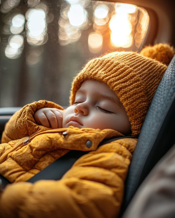 A serene young child rests peacefully in a car seat amid daylight’s fading glow, set against an...