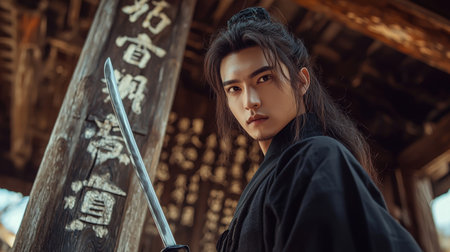 A young man dressed in cultural attire stands confidently outdoors, gripping a sword, with aged wooden beams creating a rustic backdrop.のeditorial素材
