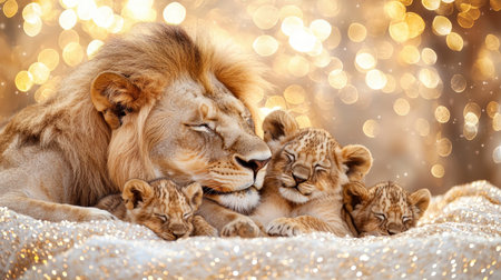 Gentle lion and tiger cubs peacefully nap side by side against a shimmering gold backdrop, evoking calmness and unity in a luxurious setting