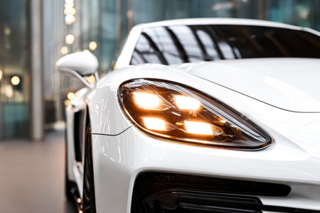 A glossy white vehicle with sharp lines and glowing front beams, poised against a city backdrop that...