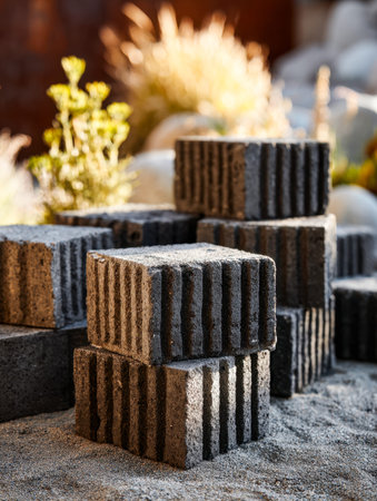 Intricately patterned bricks are arranged in a neat tower on a sandy ground, with a soft-focus of...