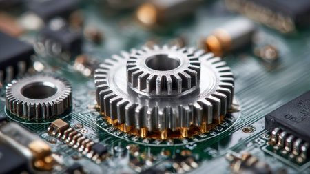 Intricate metallic cogs interlock amidst a dense array of circuit pathways, revealing the complex...