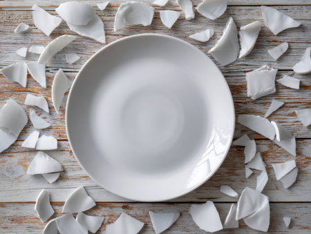 A pristine white ceramic dish rests centrally on a textured wooden background, encircled by jagged...