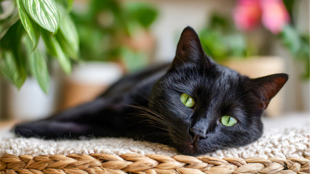 A sleek black feline with luminous green eyes lounges peacefully on a textured mat, enveloped by lush houseplants and gentle daylight that evokes warmth and serenity.の写真素材