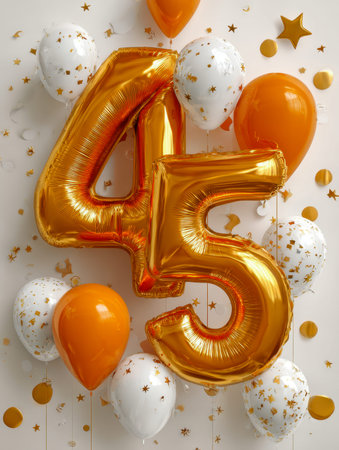 Brightly colored balloons, including shimmering gold numbers 45, white and orange stars, and solid...