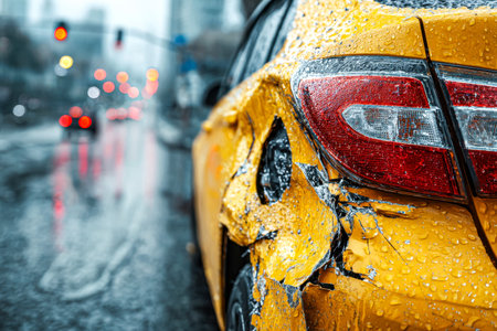 A battered yellow cab sits paused amid slick, rain-soaked streets, its front end crumpled from a recent crash, evoking urban chaos and urgent repair needs.の写真素材