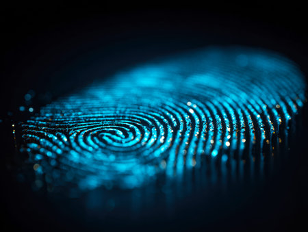 A luminous blue fingerprint glows against a dark background, emphasizing advanced biometric technology and secure authentication systems.の写真素材