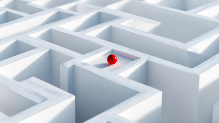 A vibrant crimson sphere navigates intricate white pathways, creating a striking contrast that...