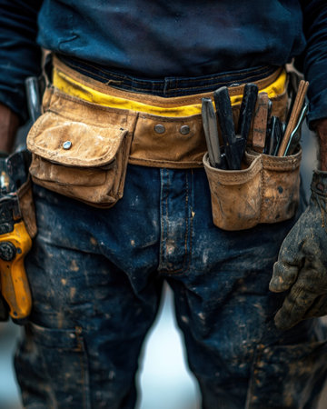 A rugged construction worker's belt loaded with various worn tools, topped with muddy workwear,...
