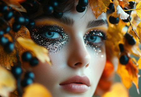 A captivating woman's gaze with striking blue eyes, adorned in shimmering glitter makeup, amid a vibrant array of autumn leaves creating a whimsical fのeditorial素材