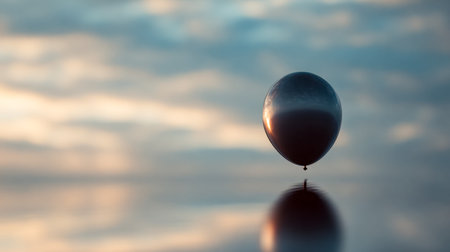 A solitary midnight-hued balloon drifts beneath a hazy, ethereal sky, its shadow reflected softly on...
