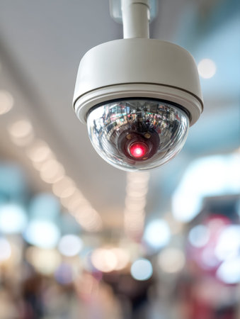 A sleek security device with a vivid red indicator glow watches over a bustling indoor environment,...